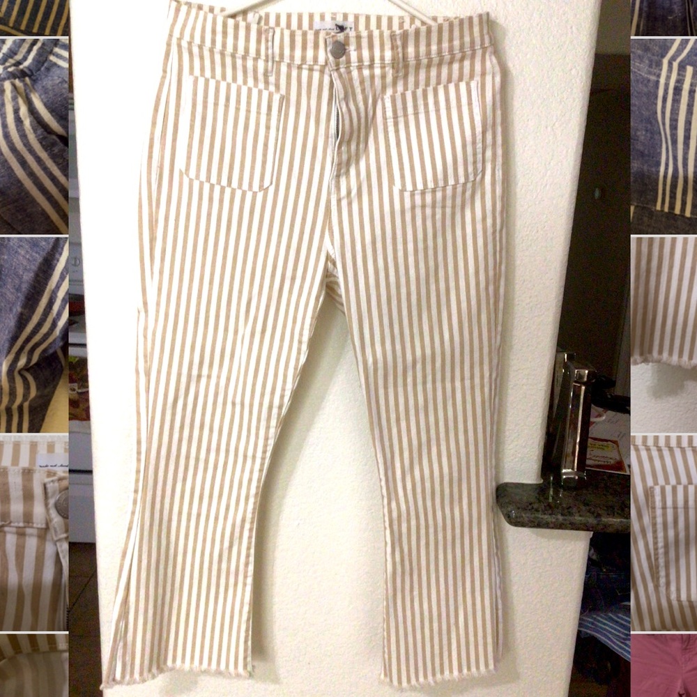 Loft High Waist Flare Crop Tan & White Stripe Jeans , Denim 31, US 12